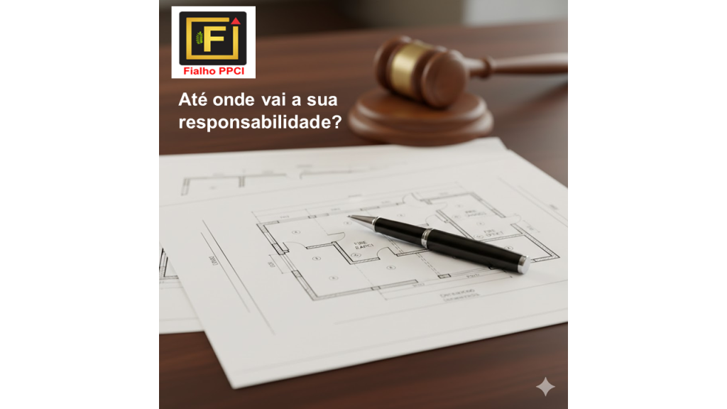 Responsabilidade civil e criminal em segurança contra incêndio na Serra Gaúcha: martelo de juiz ao lado de projeto técnico da Fialho PPCI.