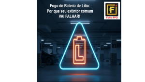O ambiente é uma garagem onde se vê vários carros estacionados, em primeiro plano um triângulo como se fosse de uma placa de sinalização e no seu centro o desenho de uma pilha e dentro da pilha um L grande. Aparece uma frase: Fogo de bateria de lítio: Por que seu extintor comum vai falhas!